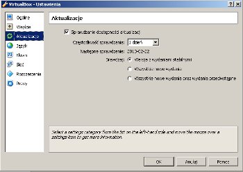 Oracle VirtualBox - menu aktualizacji programu
